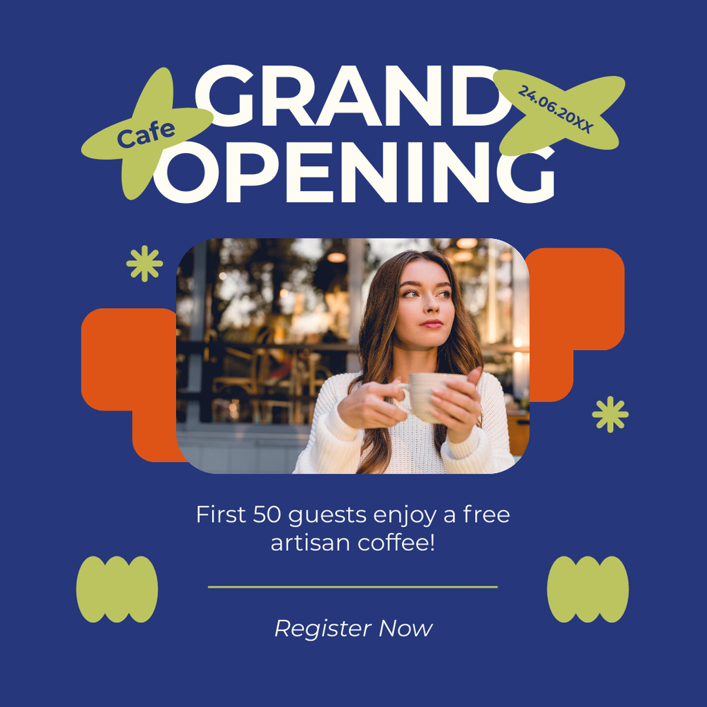 Young Attractive Woman at Cafe Grand Opening Instagram Design Template