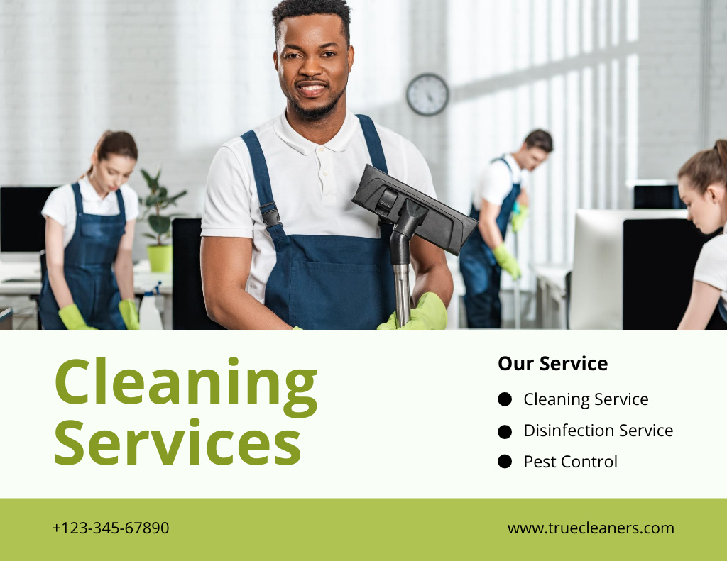 Ontwerpsjabloon van Flyer 8.5x11in Horizontal van Cleaning Services Offer with African American Man in Uniform