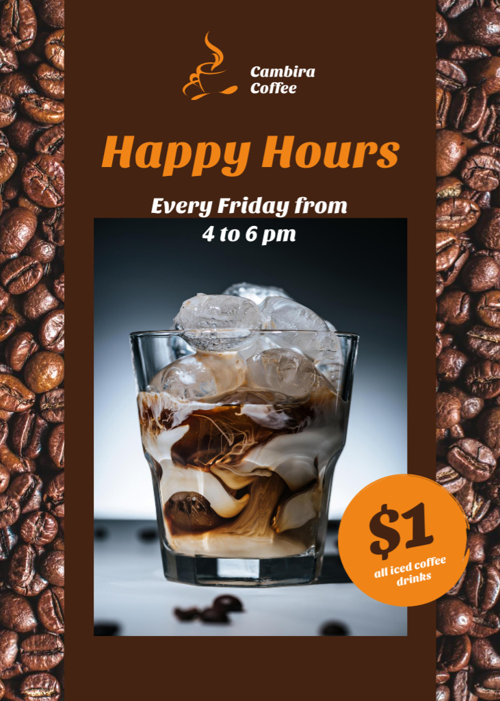 Ontwerpsjabloon van Flayer van Coffee Shop Happy Hours Offer with Iced Latte in Glass