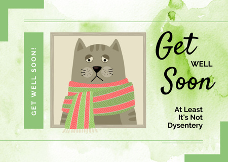 Sad Sick Cat With Scarf Illustration And Wishing Get Well Soon Postcard 5x7in Design Template
