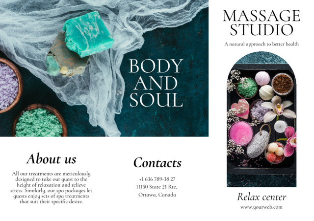 Designvorlage Massage Studio Advertisement with Handmade Soap and Sea Salt für Brochure
