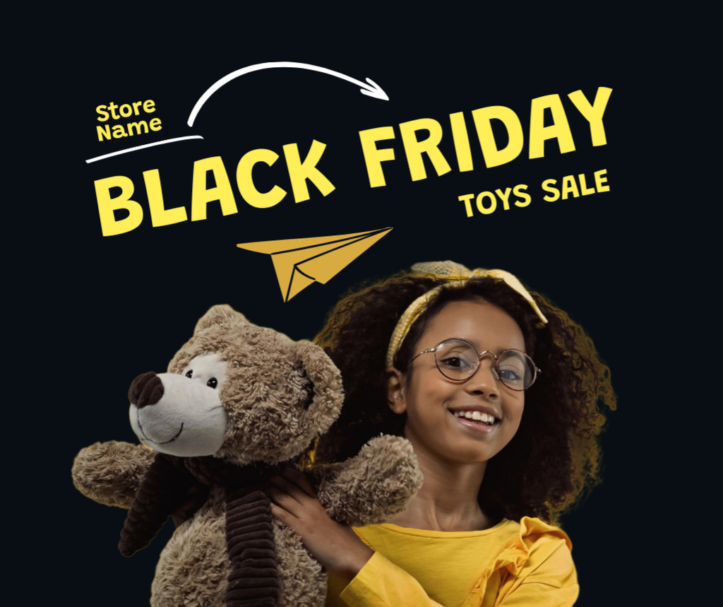 Black Friday Toys sale ad with girl holding plush bear Facebook Design Template