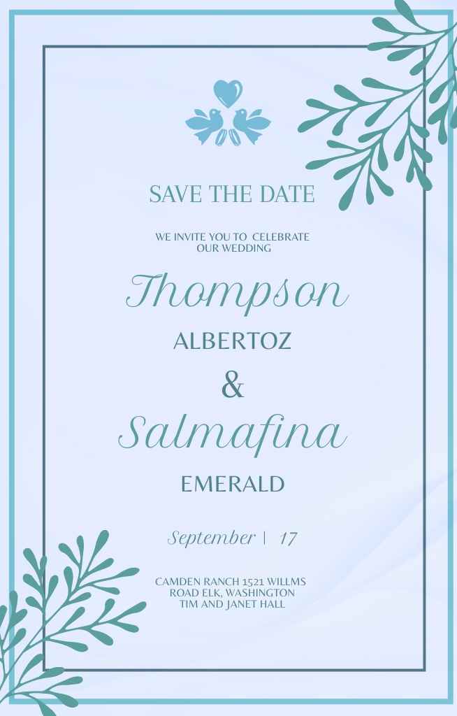 Simple Wedding Celebration Announcement of Light Blue Color Invitation 4.6x7.2in Design Template