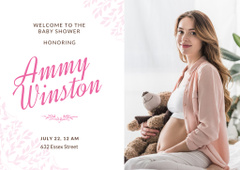 Baby Shower With Happy Pregnant Woman and Teddy Bear