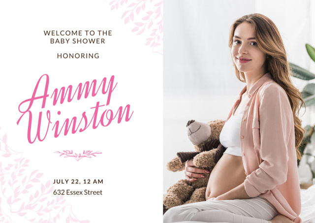 Baby Shower With Happy Pregnant Woman on Pink Postcard Design Template