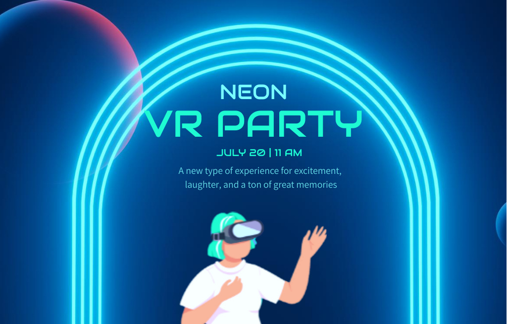 Virtual Party Announcement with Neon Invitation 4.6x7.2in Horizontal Tasarım Şablonu