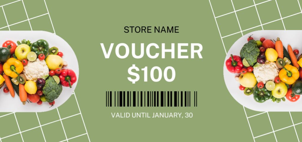 Grocery Store Voucher With Vegetables On Plates Coupon Din Large Design Template