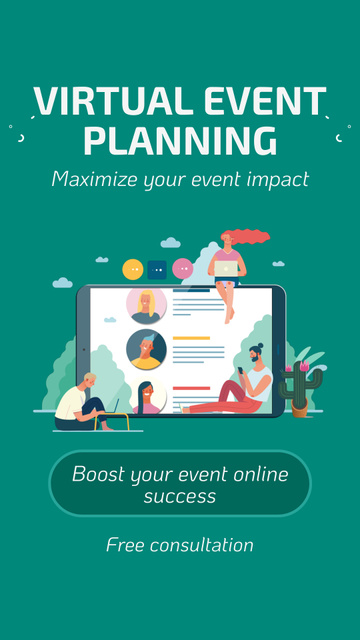 Virtual Event Planning Services with Illustration of Laptop Instagram Video Storyデザインテンプレート
