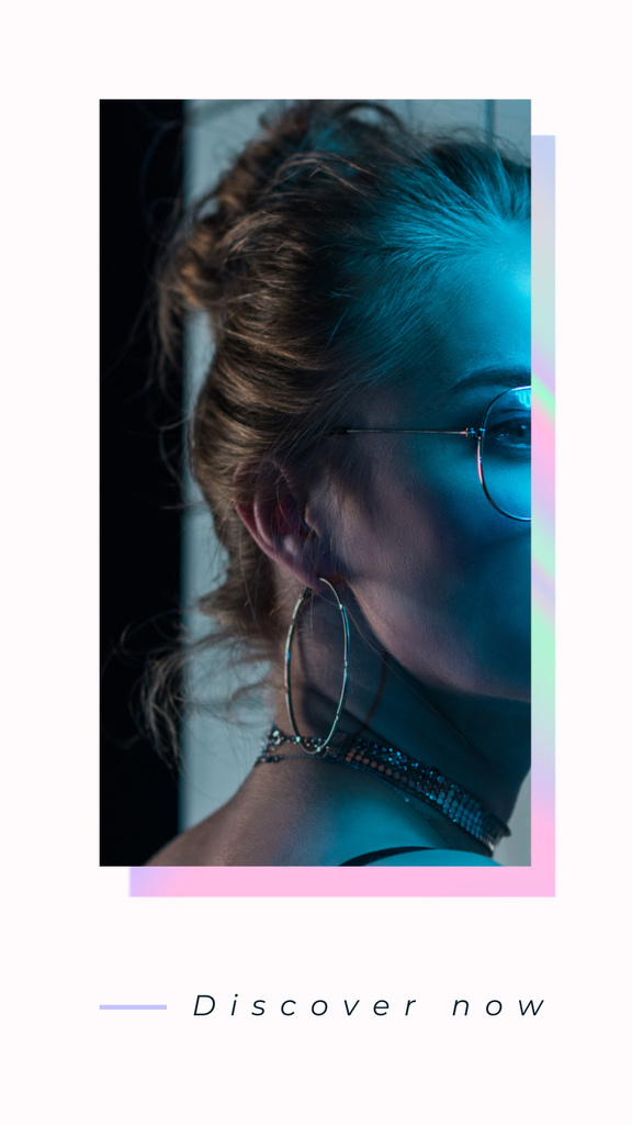 Plantilla de diseño de Fashion Ad with Girl in glasses on Neon light Instagram Story 