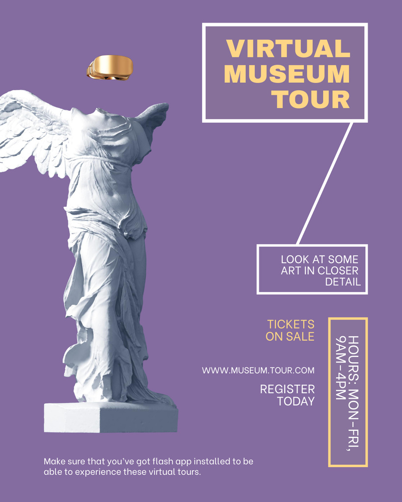 Designvorlage Virtual Museum Tour Announcement with Sculpture on Purple für Poster 16x20in