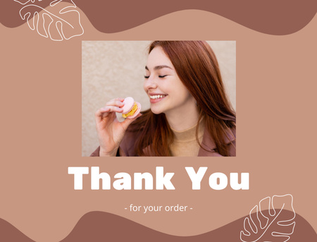 Cheerful Woman Eating Macaron Thank You Card 4.2x5.5in Design Template