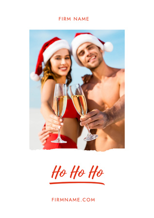 Young Couple in Santa Claus Hats Showing Glasses of Champagne Postcard A5 Vertical Design Template