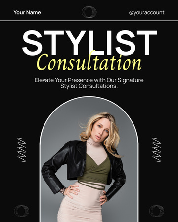 Anúncio de consultoria de moda e estilo em preto Instagram Post Vertical Modelo de Design