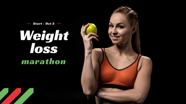 Weight Loss Marathon Ad with Woman holding Apple FB event cover tervezősablon
