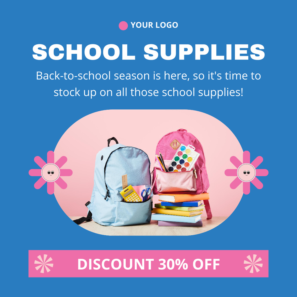 Discounts on School Supplies with Cute Pink and Blue Backpacks Instagram Modelo de Design