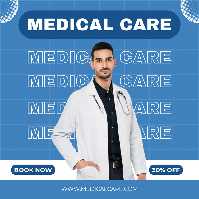 Medical Care Services Offer with Young Doctor Animated Post Design Template