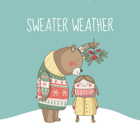 Cute Bear in Winter Sweater kissing Girl under Mistletoe Instagram Design Template