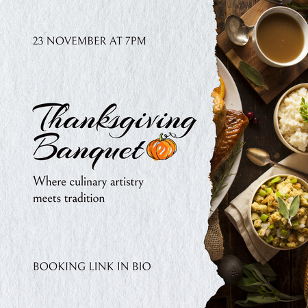 Platilla de diseño Thanksgiving Banquet With Served Dishes And Drinks Animated Post