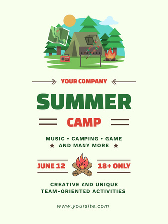 Designvorlage Poster Sommercamp mit Lagerfeuer im Wald für Poster US