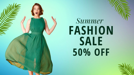 Platilla de diseño Fashion Sale Announcement with Woman in Green Dress Title 1680x945px