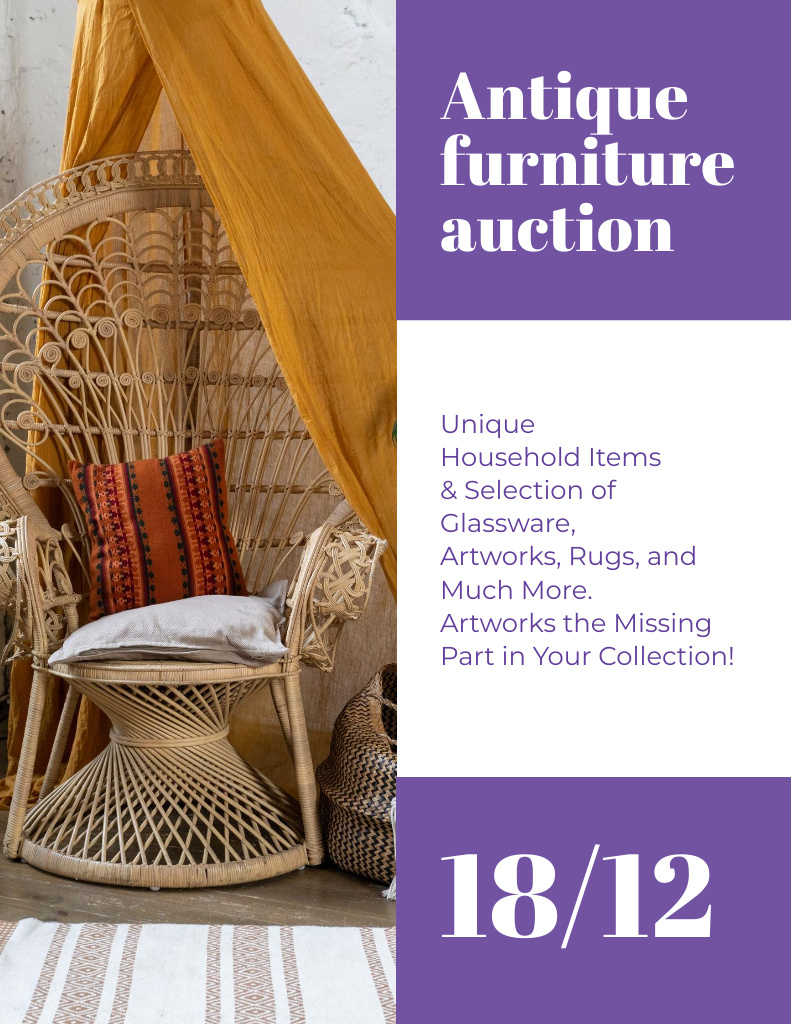 Designvorlage Antique Furniture Auction with Rare Wicker Chair für Poster 8.5x11in