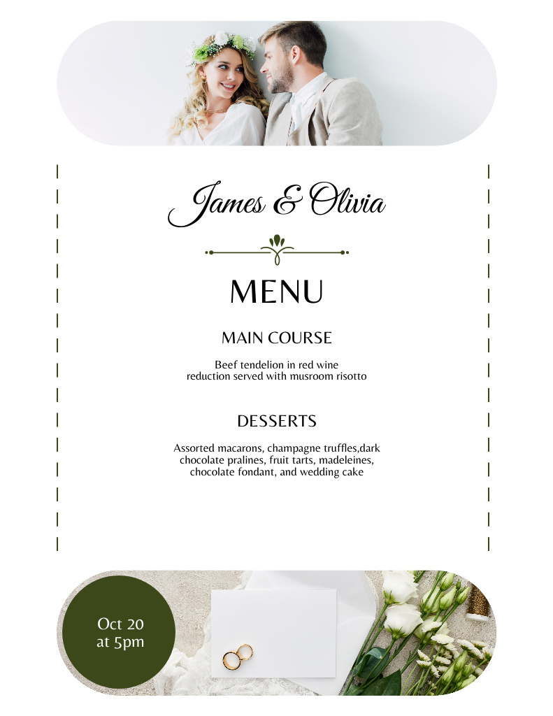 Plantilla de diseño de Wedding Food List with Photo of Newlyweds Menu 8.5x11in 