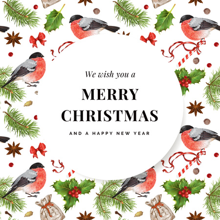 Designvorlage Christmas Greeting with Bullfinches für Instagram