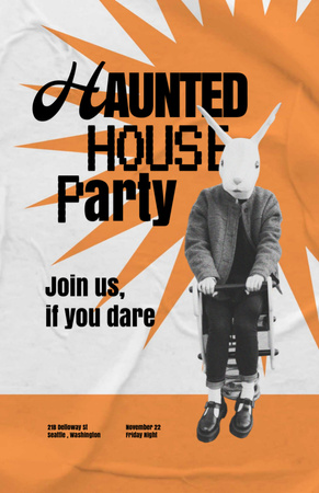 Haunted House Party With Scary Rabbit Character on Orange Invitation 5.5x8.5in Design Template