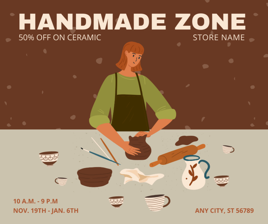 Designvorlage Ceramic Sale Offer And Handmade Zone für Facebook