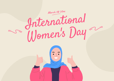 Kansainvälisen naistenpäivän tervehdys hymyilevän musliminaisen kanssa Card Design Template