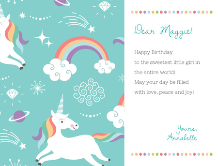Ontwerpsjabloon van Postcard 4.2x5.5in van Happy Birthday Greeting with Magical Unicorns