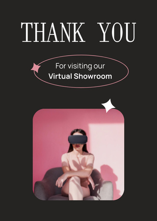 Ontwerpsjabloon van Postcard A6 Vertical van Woman in VR Glasses Visiting Virtual Showroom
