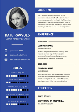 terméktervezői készségek és tapasztalatok Resume tervezősablon