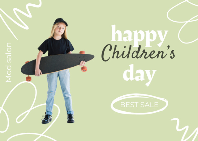 Little Girl With Skateboard On Children's Day Postcard 5x7in Design Template