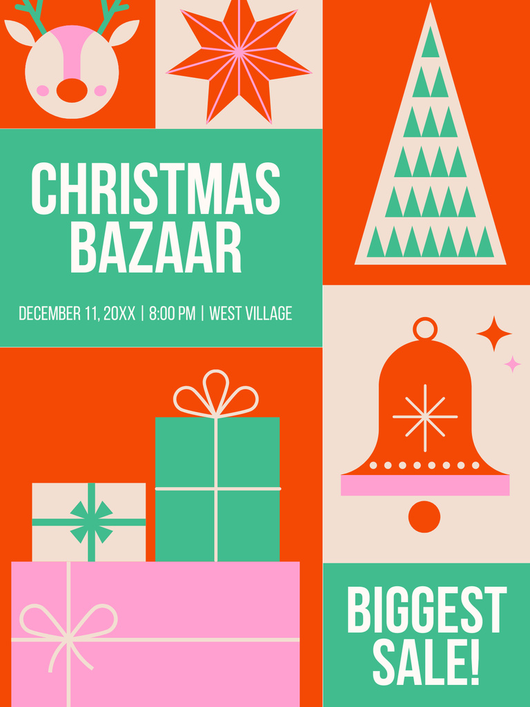 Christmas Market Advertisement with Colorful Illustrations Poster US Tasarım Şablonu