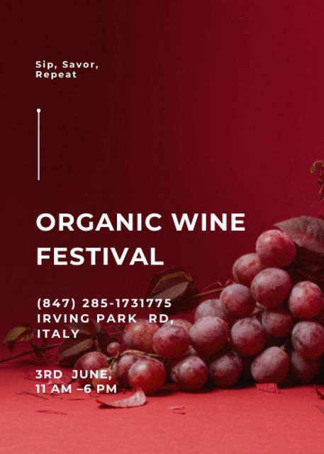 Wine Tasting Festival Announcement with Grapes in Red Invitation Design Template