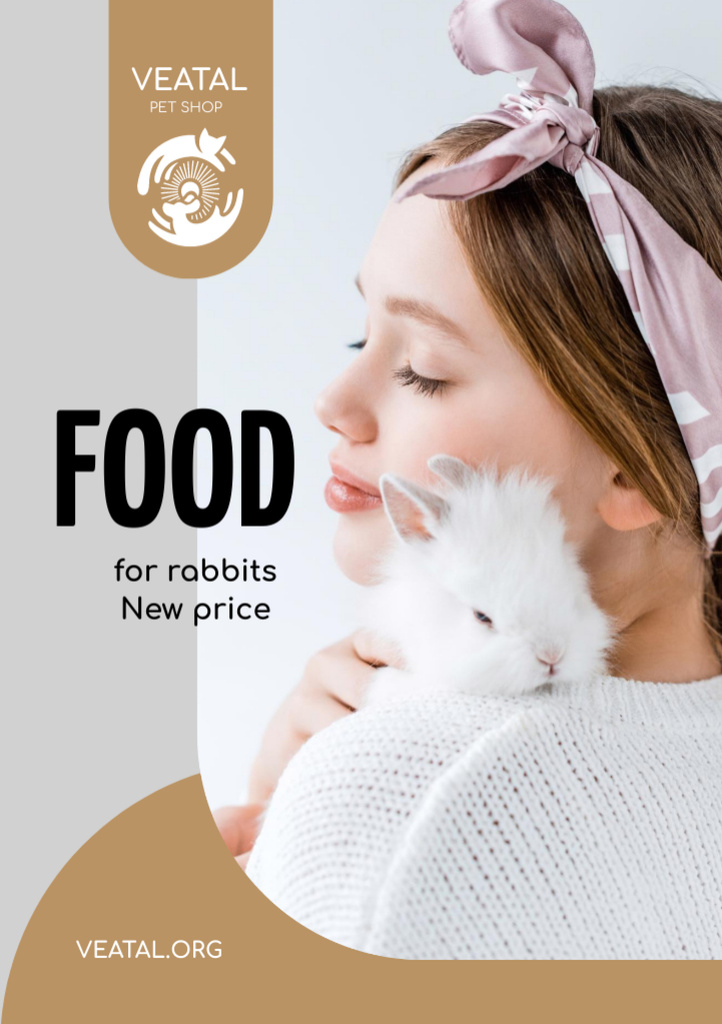 Template di design Pet Food Offer with Girl Hugging Bunny Flyer A5