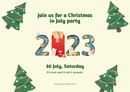 July Christmas Party Announcement with Bright Christmas Trees Flyer A6 Horizontal Design Template