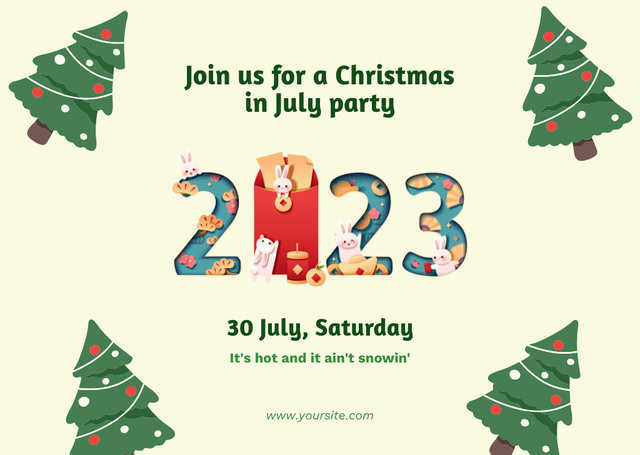 Template di design July Christmas Party Announcement with Bright Christmas Trees Flyer A6 Horizontal