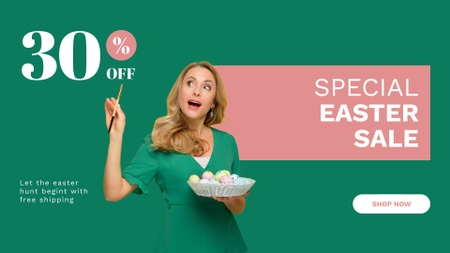 Template di design Annuncio di vendita speciale di Pasqua con la donna che tiene le uova variopinte in ciotola FB event cover