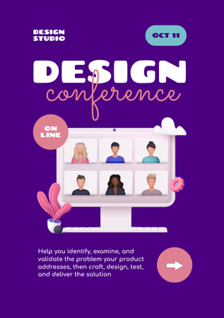 People on Online Design Conference on Purple Flyer A5デザインテンプレート
