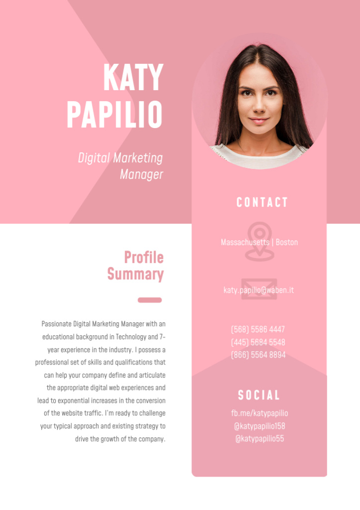 Professional Marketing Manager profile Resume – шаблон для дизайна