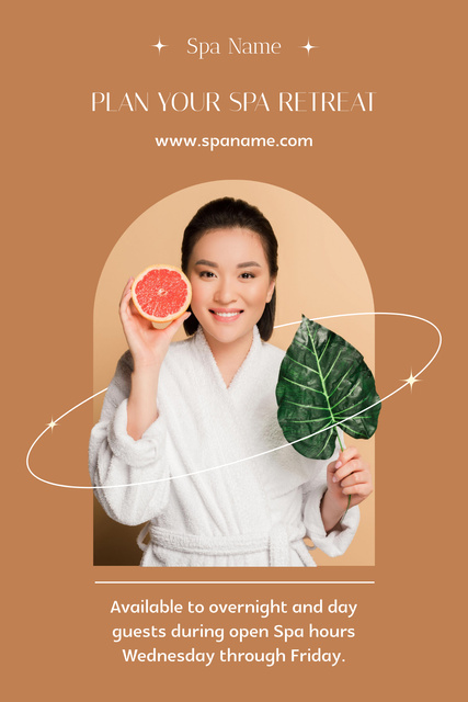 Spa Services Ad with Asian Woman Holding Grapefruit Pinterest Tasarım Şablonu