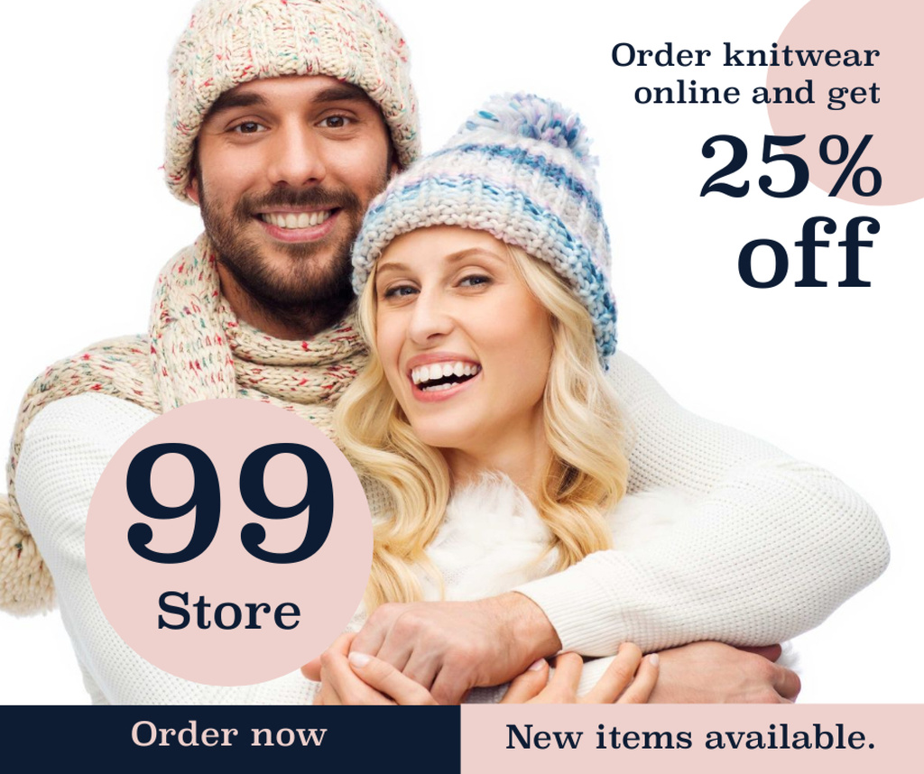 Knitwear store ad couple wearing Hats Facebookデザインテンプレート