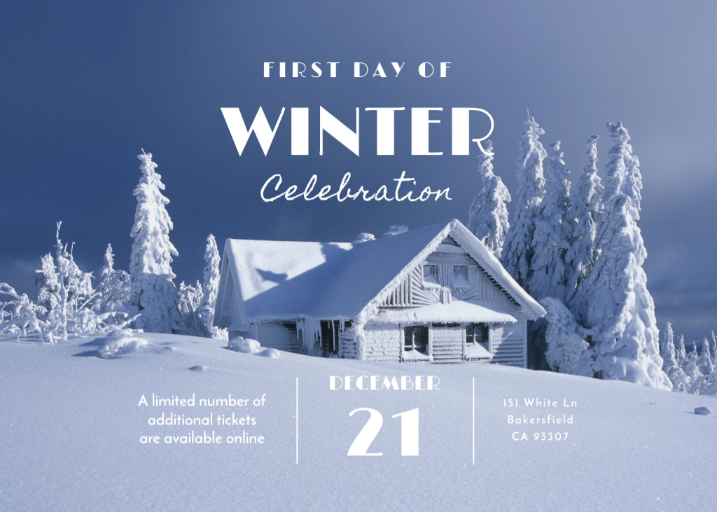 Template di design First Day of Winter Celebration with Snowy House Flyer 5x7in Horizontal