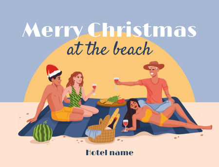 Template di design Amici pieni di divertimento che festeggiano il Natale a luglio in spiaggia Postcard 4.2x5.5in