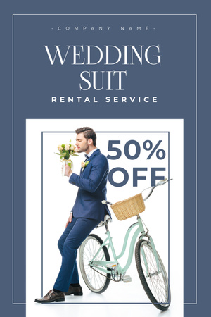 Men's Wedding Suits Offer with Groom Sitting on Retro Bicycle Pinterest Design Template