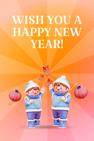 Saudações de feliz ano novo chinês com foto de dois meninos Pinterest Modelo de Design