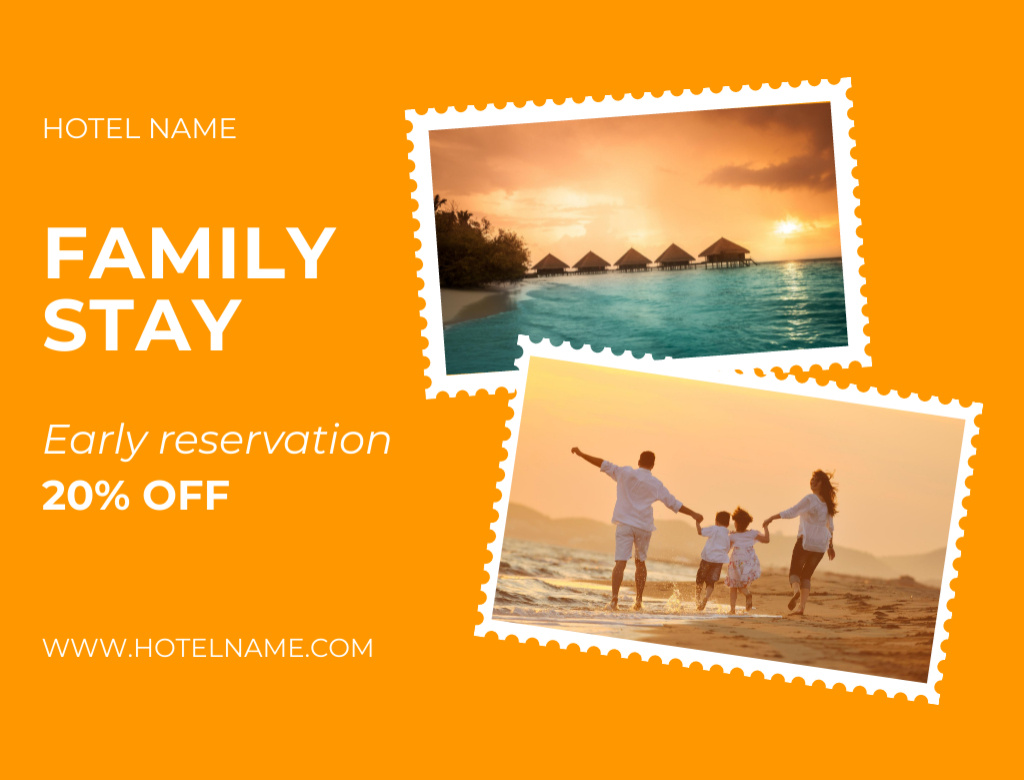 Modèle de visuel Hotel Ad with Family on Vacation on Orange - Postcard 4.2x5.5in