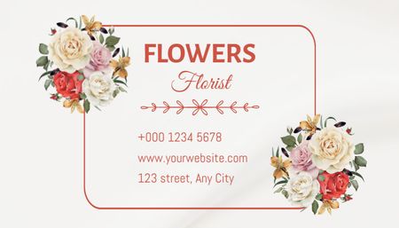 Reklama na květinářství s kyticí růží na slonovině Business Card US Šablona návrhu